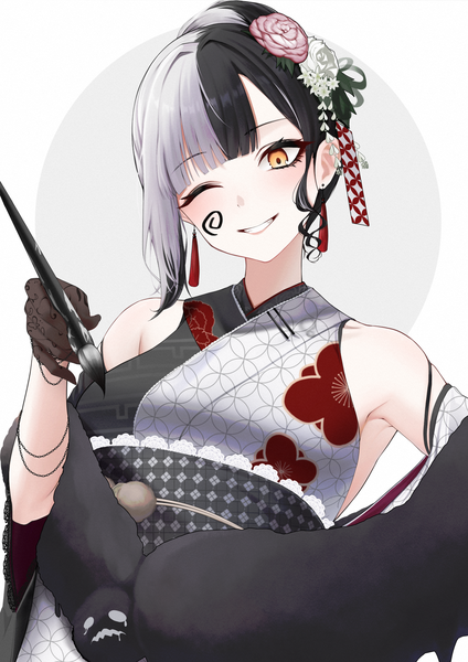 Anime picture 1485x2100 with virtual youtuber hololive hololive english shiori novella shiori novella (new year) mintz912 single tall image short hair black hair smile yellow eyes silver hair traditional clothes head tilt japanese clothes one eye closed multicolored hair wink two-tone hair