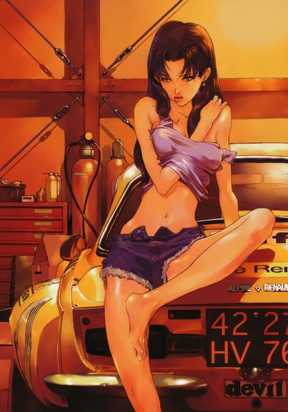 Anime-Bild 2464x3523 mit neon genesis evangelion gainax katsuragi misato okazaki takeshi single long hair tall image looking at viewer highres breasts light erotic purple eyes bare shoulders purple hair barefoot midriff legs open shorts girl navel