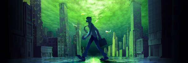Anime picture 2811x948 with original rtil (artist) single highres short hair wide image holding sky city looking up underwater walking backlighting street boy necktie building (buildings) bubble (bubbles) fish (fishes) briefcase