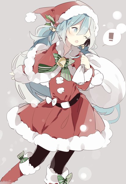 Anime picture 700x1015 with vocaloid hatsune miku youshun (sugafo) single long hair tall image blush open mouth standing twintails looking away one eye closed aqua eyes aqua hair grey background fur trim christmas ! girl hair ornament