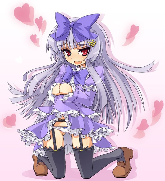 Anime picture 756x830 with os-tan 3.1-tan sasamashin single long hair tall image looking at viewer open mouth light erotic red eyes silver hair full body kneeling gradient background ass visible through thighs alternate legwear girl thighhighs dress underwear