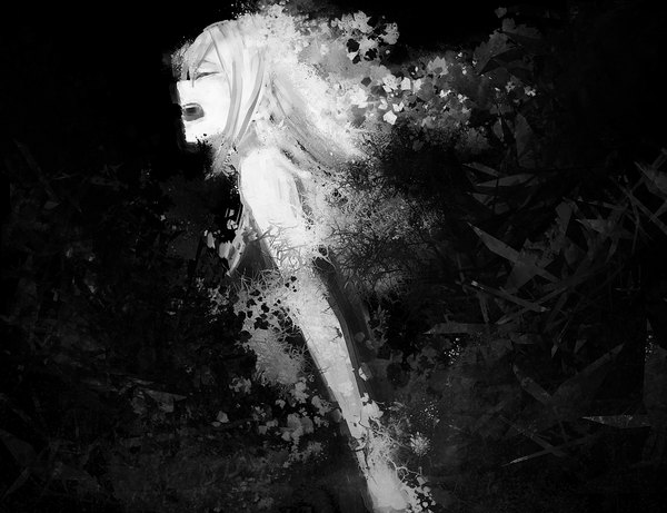 Anime picture 1300x1000 with vocaloid kagamine rin lemontea single long hair open mouth bare shoulders eyes closed profile black background monochrome screaming girl