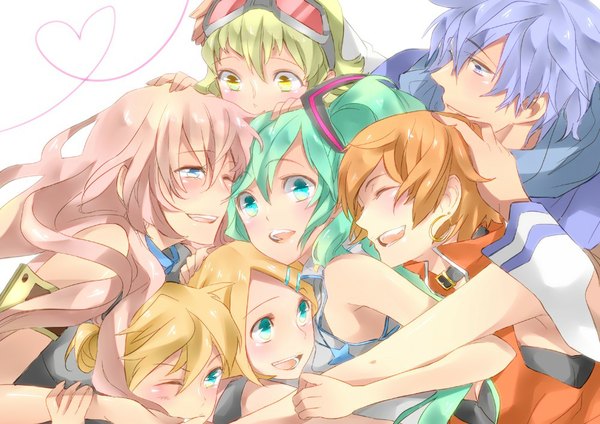 Anime picture 1000x707 with vocaloid hatsune miku megurine luka kagamine rin kagamine len gumi kaito (vocaloid) meiko long hair blush short hair open mouth blue eyes simple background blonde hair white background purple eyes multiple girls green eyes yellow eyes