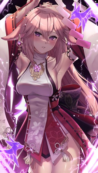 Anime picture 2300x4043 with genshin impact yae miko vitaminechan single long hair tall image looking at viewer blush fringe highres breasts light erotic hair between eyes large breasts standing purple eyes animal ears pink hair traditional clothes parted lips