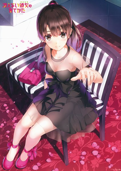 Anime picture 6707x9494 with saenai heroine no sodatekata a-1 pictures katou megumi misaki kurehito single long hair tall image blush highres brown hair sitting brown eyes absurdres ponytail scan girl dress petals black dress couch