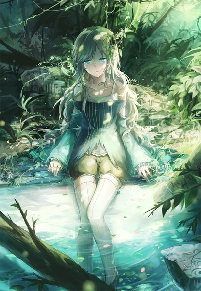 Anime picture 850x1232 with original pixiv fantasia pixiv fantasia t domik single long hair tall image fringe bare shoulders green eyes looking away bent knee (knees) aqua hair wide sleeves tears soaking feet girl plant (plants) petals water