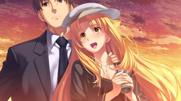 Anime picture 1024x576 with d-eve in you yusa shoko long hair short hair open mouth blonde hair wide image yellow eyes game cg black eyes couple evening sunset girl boy