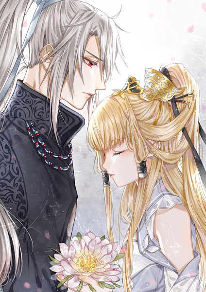 Anime picture 1736x2455 with jianxia qingyuan 3 yanwu long hair tall image highres blonde hair red eyes ponytail eyes closed profile grey hair leaning leaning forward half updo face to face girl boy flower (flowers) hair tubes teardrop