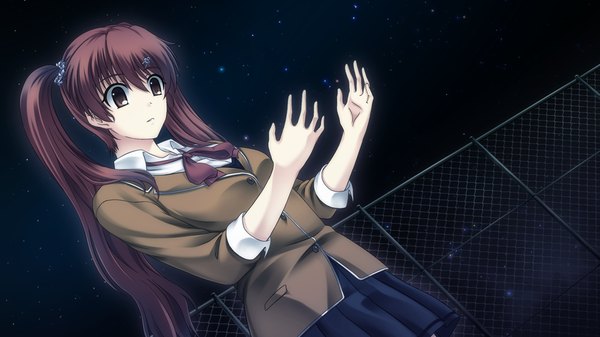 Anime picture 1024x576 with tokyo babel long hair red eyes wide image twintails game cg red hair night girl uniform school uniform
