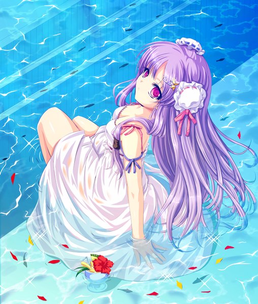 Anime picture 1693x2000 with touhou patchouli knowledge cetera single long hair tall image highres breasts purple eyes purple hair girl dress flower (flowers) ribbon (ribbons) petals water fish (fishes) bun cover