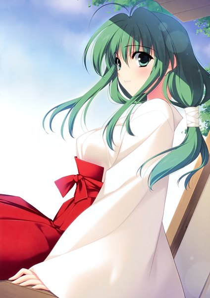 Anime picture 2119x3000 with r.g.b! shiki midori suzuhira hiro single long hair tall image highres green eyes traditional clothes green hair scan miko girl