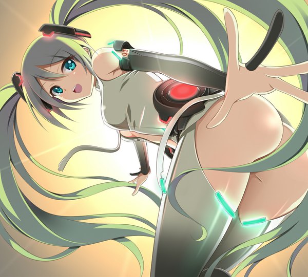 Anime picture 1075x970 with vocaloid vocaloid append hatsune miku hatsune miku (append) violet sit single long hair open mouth light erotic twintails bare shoulders green eyes ass grey hair girl