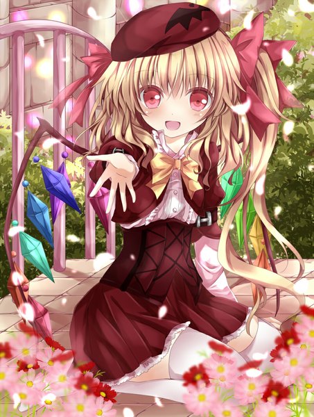 Anime picture 800x1058 with touhou flandre scarlet nanase nao single tall image looking at viewer blush short hair open mouth blonde hair red eyes one side up girl thighhighs dress flower (flowers) bow hair bow petals white thighhighs