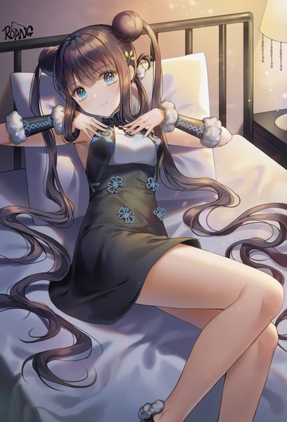 Anime picture 700x1028 with fate (series) fate/grand order yang guifei (fate) roang single tall image looking at viewer fringe breasts blue eyes brown hair twintails bare shoulders signed bent knee (knees) indoors blunt bangs very long hair traditional clothes head tilt