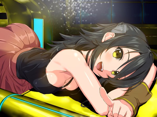 Anime picture 1200x900 with knight's & magic 8bit adeltrud walter kakari single long hair looking at viewer blush fringe breasts open mouth light erotic black hair hair between eyes bare shoulders yellow eyes cleavage lying :d pleated skirt