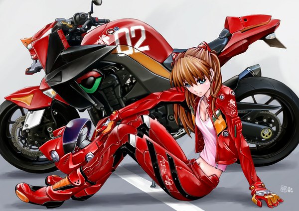 Anime picture 1100x778 with neon genesis evangelion gainax soryu asuka langley kotatsu-spirit single long hair brown hair sitting green eyes looking away cleavage full body open clothes arm support open jacket bare belly midriff girl gloves navel