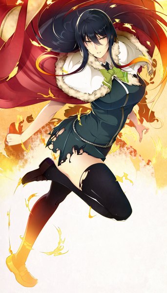Anime picture 570x1000 with witch craft works j.c. staff kagari ayaka nanao (mahaya) single long hair tall image looking at viewer black hair yellow eyes girl thighhighs skirt uniform black thighhighs school uniform cape skirt set fire