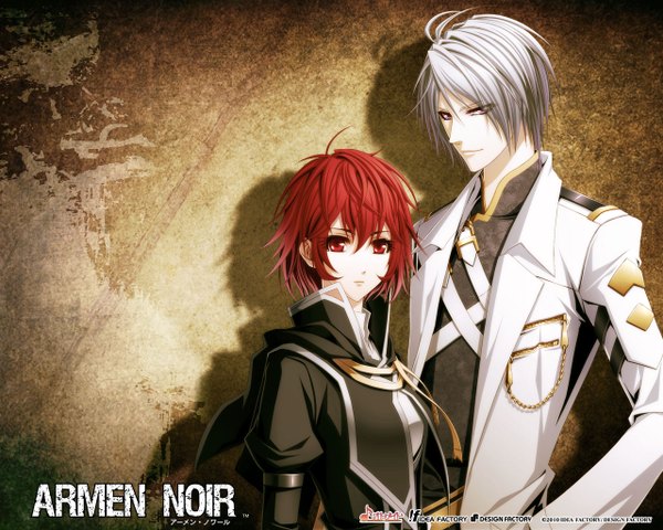 Anime picture 1280x1024 with armen noir nazca crimson (armen noir) looking at viewer fringe short hair simple background red eyes white hair red hair light smile girl boy jacket chain