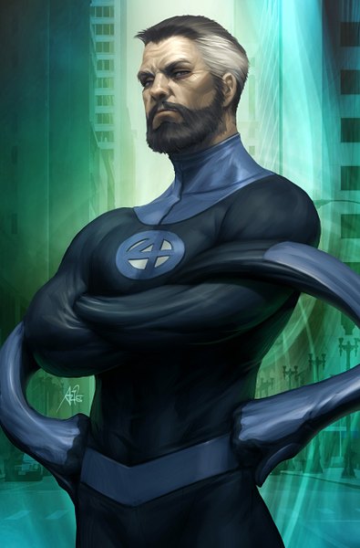 Anime-Bild 856x1300 mit fantastic four marvel comics mister fantastic artgerm (stanley lau) single tall image looking at viewer short hair blue eyes black hair standing signed outdoors white hair multicolored hair realistic two-tone hair crossed arms serious hands on hips