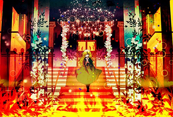 Anime picture 1000x675 with ib (game) mary (ib) single long hair looking at viewer open mouth blonde hair smile multicolored girl dress flower (flowers) plant (plants) stairs