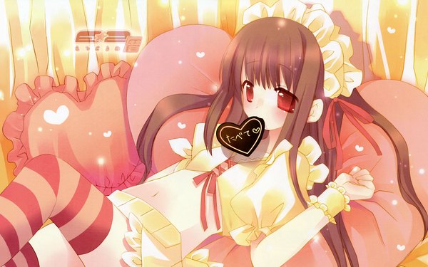 Anime picture 1920x1200 with original hinayuki usa single long hair blush highres red eyes brown hair wide image loli valentine cute girl thighhighs navel heart hairband pillow striped thighhighs