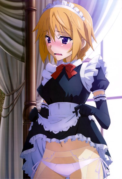 Anime picture 4071x5937 with infinite stratos 8bit nyantype charles dunois single tall image blush highres short hair open mouth light erotic blonde hair purple eyes absurdres official art maid dress lift girl dress gloves
