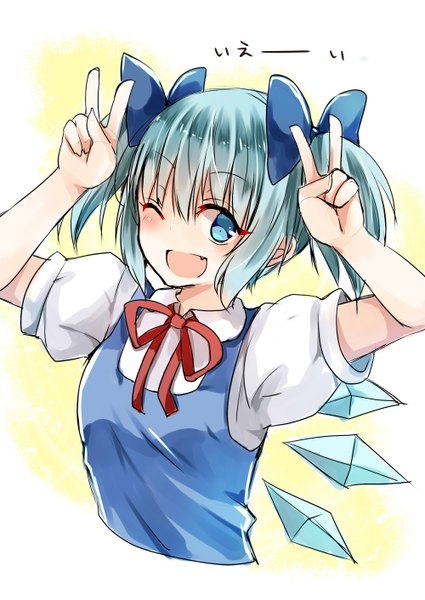 Anime picture 1000x1412 with touhou cirno mimoto (aszxdfcv) single tall image looking at viewer short hair open mouth blue eyes twintails blue hair one eye closed wink short twintails victory alternate hairstyle girl bow hair bow wings