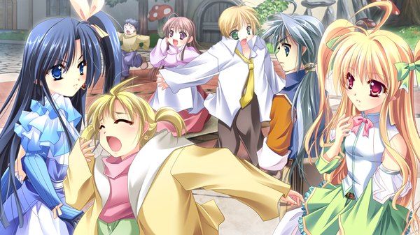 Anime picture 1024x576 with hanasaku otome to koi no grimoire long hair short hair open mouth blue eyes black hair blonde hair red eyes wide image twintails multiple girls green eyes game cg ahoge multiple boys loli one side up girl dress boy