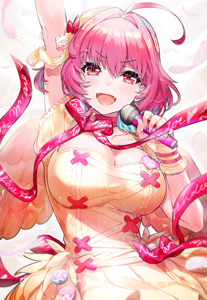 Anime picture 1172x1700 with idolmaster idolmaster cinderella girls yumemi riamu mika pikazo single tall image looking at viewer fringe short hair breasts open mouth smile hair between eyes red eyes large breasts holding pink hair cleavage upper body ahoge