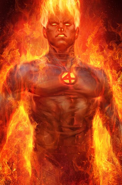 Anime-Bild 856x1300 mit fantastic four marvel comics human torch artgerm (stanley lau) single tall image standing signed yellow eyes realistic looking up skin tight superhero burning boy bodysuit fire sparks