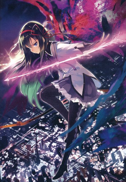 Anime picture 4061x5853 with mahou shoujo madoka magica shaft (studio) akemi homura shirabi single long hair tall image looking at viewer fringe highres black hair purple eyes absurdres sky cloud (clouds) bent knee (knees) sunlight scan high heels city