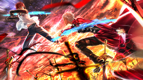 Anime picture 1920x1080 with fate (series) fate/stay night type-moon archer (fate) emiya shirou swordsouls highres short hair brown hair wide image holding sky cloud (clouds) grey hair sunlight multiple boys evening sunset sunbeam dual wielding