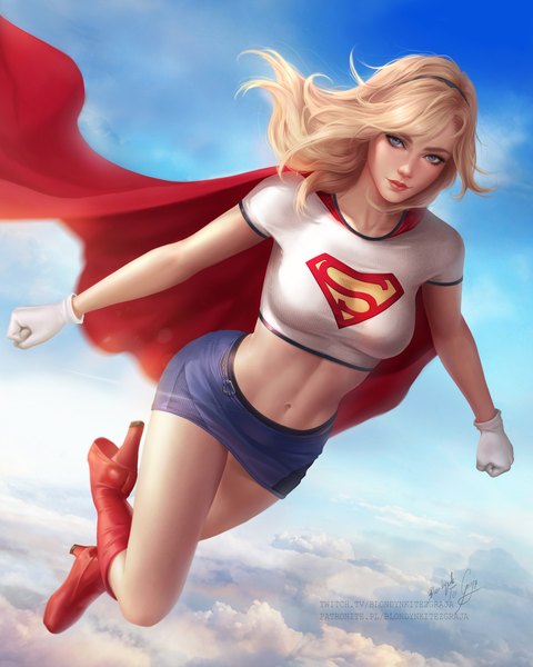 Anime picture 3276x4096 with dc comics supergirl blondynkitezgraja single long hair tall image looking at viewer highres breasts blue eyes blonde hair signed absurdres sky cloud (clouds) full body outdoors realistic bare belly high heels