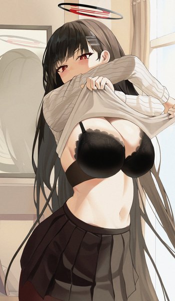 Anime picture 3500x6000 with blue archive rio (blue archive) natu (natu sod) single long hair tall image looking at viewer blush fringe highres breasts light erotic black hair red eyes large breasts standing absurdres cleavage indoors long sleeves