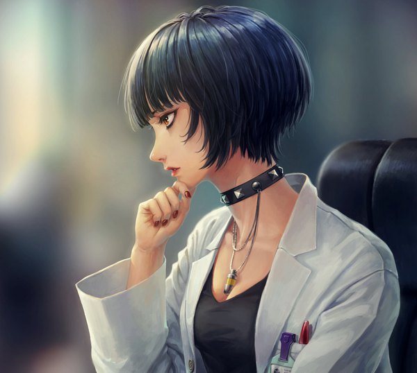 Anime picture 1476x1324 with persona 5 persona takemi tae namako mikan single fringe short hair black hair red eyes sitting looking away upper body indoors blunt bangs long sleeves nail polish parted lips profile fingernails blurry