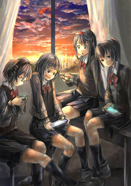 Anime picture 1000x1414 with original koruse tall image short hair open mouth black hair multiple girls brown eyes evening sunset girl skirt uniform school uniform miniskirt socks window hairband headphones black socks