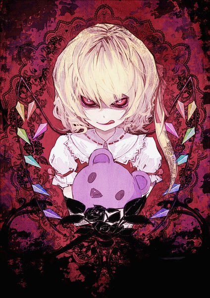 Anime picture 607x858 with touhou flandre scarlet uni (bom19850101) single tall image looking at viewer fringe short hair blonde hair red eyes puffy sleeves hug one side up portrait dark background red background angry licking no hat >:)