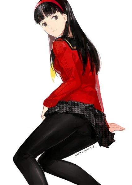 Anime picture 1000x1409 with persona 4 persona amagi yukiko cotta single long hair tall image fringe light erotic black hair simple background white background signed looking away black eyes pantyshot skirt lift girl pantyhose serafuku