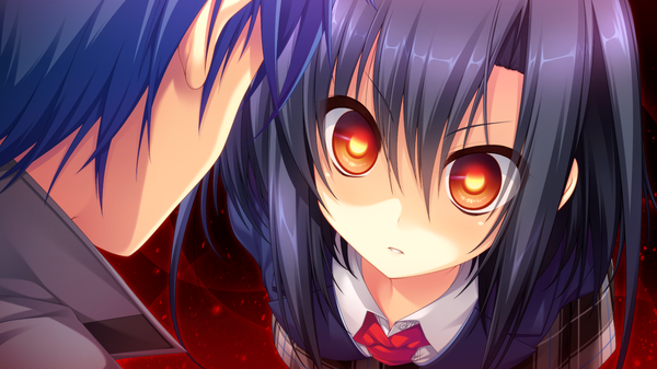 Аниме картинка 1280x720 с dekinai watashi ga, kurikaesu. akabei soft3 смотрит на зрителя короткие волосы чёрные волосы красные глаза широкое изображение game cg пылает пылающий глаз (глаза) девушка мужчина форма школьная форма