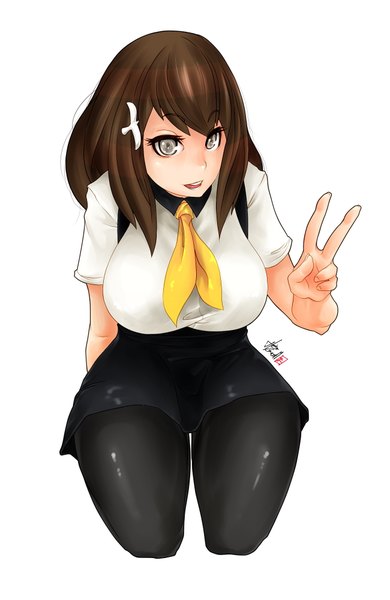 Anime picture 1300x2000 with gatchaman crowds tatsunoko ichinose hajime caooll (co-ohol) single long hair tall image fringe breasts open mouth light erotic simple background brown hair large breasts white background grey eyes victory girl uniform school uniform