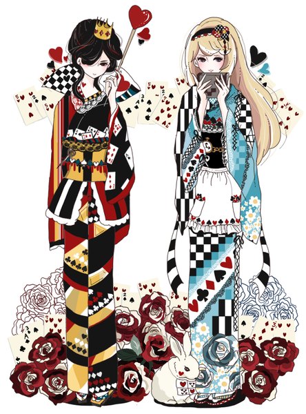 Anime picture 1200x1619 with alice in wonderland alice (wonderland) queen of hearts mzhbank long hair tall image looking at viewer blush fringe black hair blonde hair smile standing multiple girls red hair long sleeves traditional clothes japanese clothes hair over one eye wide sleeves