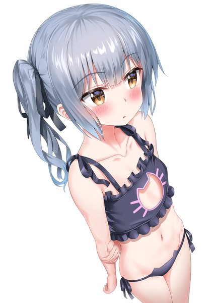 Anime picture 2507x3541 with kantai collection kasumi destroyer nedia (nedia region) single tall image blush highres short hair light erotic white background brown eyes payot looking away parted lips grey hair underwear only side ponytail arm behind back holding arm girl