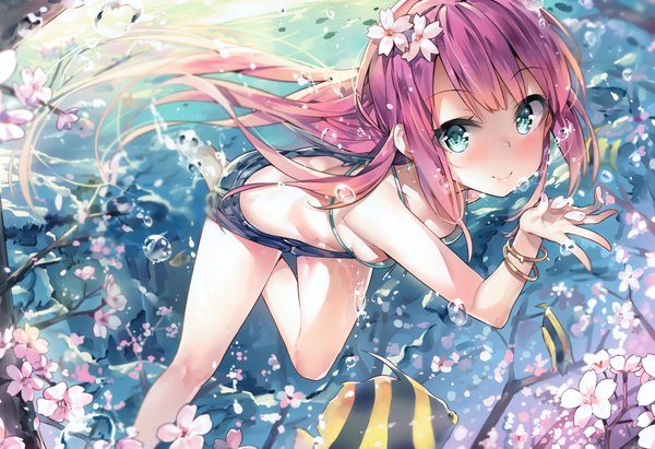 Anime picture 4237x2903 with original yuran (cozyquilt) single long hair looking at viewer blush fringe highres breasts blue eyes light erotic smile payot pink hair absurdres bent knee (knees) hair flower scan cherry blossoms underwater