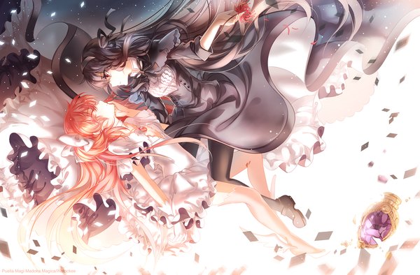 Anime picture 1500x985 with mahou shoujo madoka magica shaft (studio) akemi homura sakura kyouko instockee long hair black hair red eyes multiple girls red hair eyes closed face to face girl dress flower (flowers) ribbon (ribbons) 2 girls hair ribbon petals pantyhose