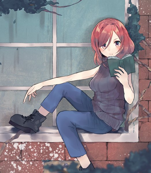 Anime picture 900x1031 with love live! school idol project sunrise (studio) love live! nishikino maki ultone (neisiss) single tall image short hair sitting holding bent knee (knees) red hair pink eyes reading girl boots window book (books) wall