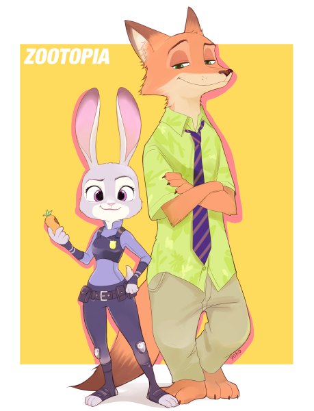 イラスト 918x1200 と zootopia ディズニー judy hopps nick wilde よこ 長身像 カメラ目線 simple background 笑顔 立つ 紫目 緑の目 signed 全身 copyright name crossed arms yellow background policewoman 女の子 男性