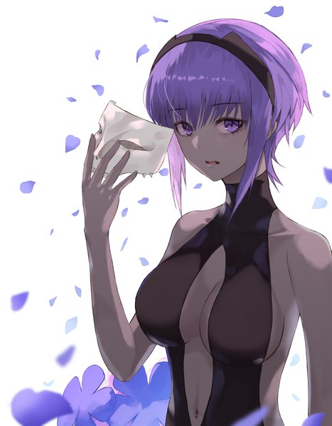 Anime picture 3254x4181 with fate (series) fate/prototype hassan of serenity (fate) blka single tall image looking at viewer fringe highres short hair breasts open mouth light erotic simple background hair between eyes standing white background purple eyes bare shoulders holding
