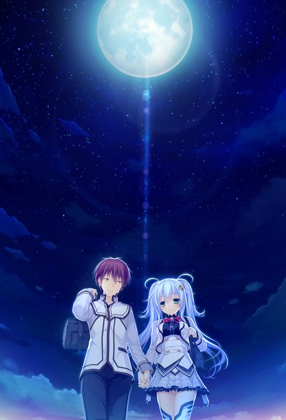 Anime picture 1920x2813 with world election whirlpool (studio) kururu (world election) long hair tall image highres short hair blue eyes yellow eyes game cg purple hair cloud (clouds) white hair night night sky couple holding hands girl boy skirt