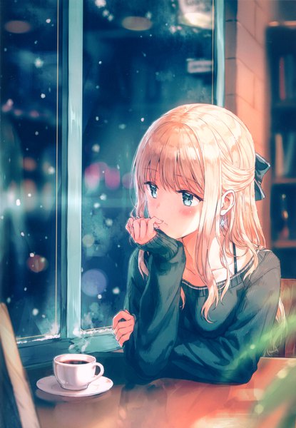 Anime-Bild 4832x6980 mit original kagurazaka reina hiten (hitenkei) single long hair tall image blush fringe highres blonde hair sitting looking away absurdres upper body indoors long sleeves aqua eyes blurry scan sparkle