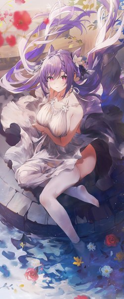 Anime picture 2700x6480 with genshin impact keqing (genshin impact) swkl:d single long hair tall image looking at viewer fringe highres breasts light erotic hair between eyes large breasts sitting twintails bare shoulders signed payot purple hair pink eyes